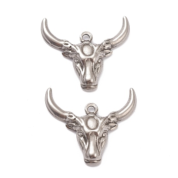 304 Stainless Steel Pendants, Cattle Head, Stainless Steel Color, 23x25.5x4mm, Hole: 1.6mm