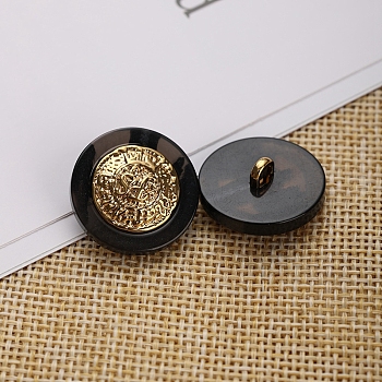 1-Hole Resin Shank Buttons, with Alloy Finding, for Garment Accessories, Flat Round, Black, 16.5mm