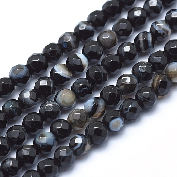 Natural Agate Beads, Dyed, Faceted Round, Black, 6mm, Hole: 1mm, about 61pcs/strand, 14.3 inch(36.5cm)