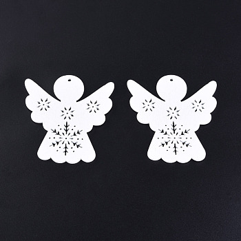 Christmas Theme Spray Painted Wood Big Pendants, Angel Charm with Hollow Snowflake, White, 67x62.5x2mm, Hole: 3mm
