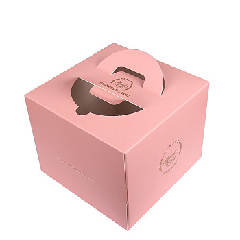 Individual Kraft Paper Tall Cake Boxes, Bakery Single Cake Packing Box, Square with Clear Window and Handle Suitable for 10 Inch Cake, Pink, 305x305x170mm