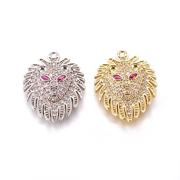 Brass Micro Pave Cubic Zirconia Pendants, Lion, Clear, Mixed Color, 24x19x4mm, Hole: 1mm