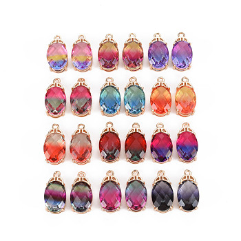 Rack Plating Brass Micro Pave Clear Cubic Zirconia Pendants, with Faceted Glass, Long-Lasting Plated, Cadmium Free & Lead Free, Oval, Mixed Color, 20x10x7.5mm, Hole: 1.5mm