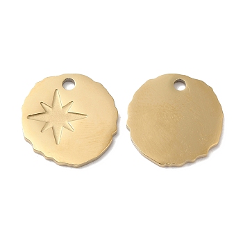Ion Plating(IP) 316L Surgical Stainless Steel Charms, Irregular Flat Round with Star Charm, Textured, Real 18K Gold Plated, 15x14.3x11mm, Hole: 1.8mm