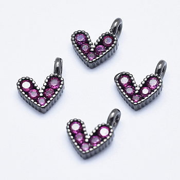 Brass Micro Pave Cubic Zirconia Charms, Long-Lasting Plated, Lead Free & Nickel Free & Cadmium Free, Heart, Hot Pink, Gunmetal, 9.5x6.5x2mm, Hole: 1mm