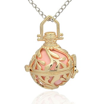 Golden Tone Brass Hollow Round Cage Pendants, with No Hole Spray Painted Brass Round Ball Beads, Pink, 36x25x21mm, Hole: 6x7mm