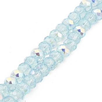 Baking Painted Transparent Glass Beads Strands, Imitation Opalite, Faceted, AB Color Plated, Round, Light Sky Blue, 8x6.5mm, Hole: 1.4mm, about 64~65pcs/strand, 16.34~16.54''(41.5~42cm)