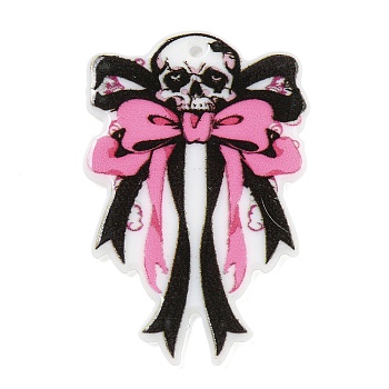 Halloween Theme Printed Acrylic Pendants, Skull with Bowknot Charms, Pink, 40x26x2.5mm, Hole: 1.4mm