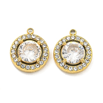 PVD Vacuum Plating 304 Stainless Steel Pendants, with Cubic Zirconia and Rhinestone, Flat Round, Real 18K Gold Plated, 12.5x10.5x4mm, Hole: 1.2mm