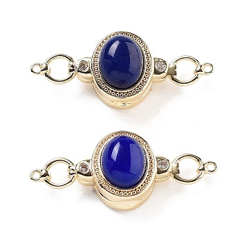 Brass Magnetic Clasps, with Natural Lapis Lazuli, Oval, Blue, Real 18K Gold Plated, 34x13.5x9.5mm, Hole: 1.1mm