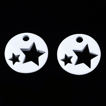 Spray Painted Brass Charms, Flat Round with Star, White, 14.5x14.5x2.5mm, Hole: 2mm