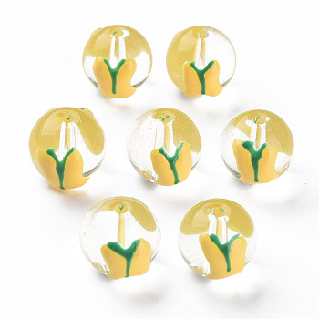 Transparent Glass Enamel Beads, Hand Painted Beads, Round, Yellow, 13x12x11mm, Hole: 1.6mm