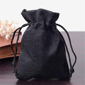 Polyester Imitation Burlap Packing Pouches Drawstring Bags, for Christmas, Wedding Party and DIY Craft Packing, Black, 12x9cm