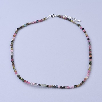 Natural Tourmaline Beaded Necklaces, with Brass Lobster Claw Clasps, Faceted Round Beads, 16.5 inch~16.7 inch(42~42.5cm)x3.5~4mm