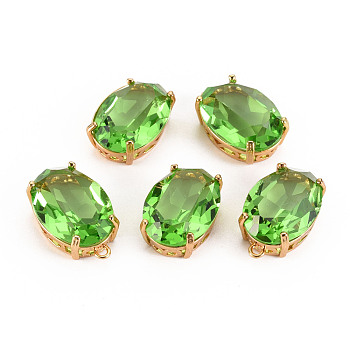 Transparent Glass Pendants, with Brass Prong Settings, Faceted, Oval, Light Gold, Lime Green, 20x13x8.5mm, Hole: 1.5mm