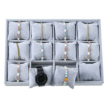 Wood Covered with Velvet Jewelry Bracelet Watch Displays, 12 Compartments, with Pillows, Gray, 35x24x5cm