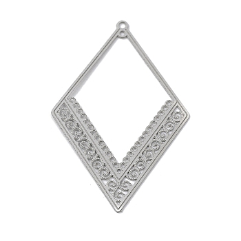 304 Stainless Steel Pendants, Rhombus Charm, Stainless Steel Color, 40x26x0.3mm, Hole: 0.9mm & 1.2mm