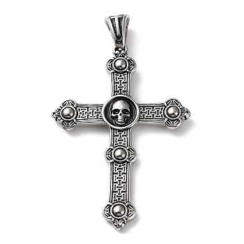 Ion Plating(IP) 304 Stainless Steel Big Pendants, Cross with Skull Charm, Antique Silver, 69x41.5x4mm, Hole: 5x7.5mm