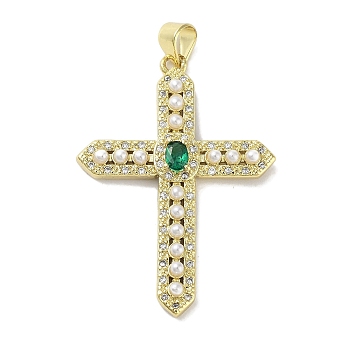 Rack Plating Brass Micro Pave Cubic Zirconia & Imitation Pearl Pendants, Lead Free & Cadmium Free, Long-Lasting Plated, Real 18K Gold Plated, Cross, Dark Green, 36x26x4mm, Hole: 4.5x3mm