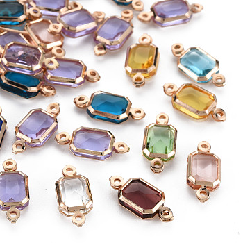 Glass Links Connectors, with Light Gold Tone Brass Findings, Long-Lasting Plated, Faceted, Rectangle, Mixed Color, 14.5x6.5x3mm, Hole: 1mm