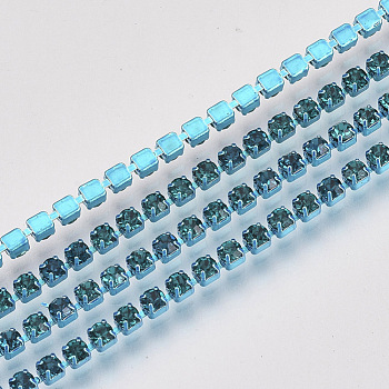 Electrophoresis Iron Rhinestone Strass Chains, Rhinestone Cup Chains, with Spool, Blue Zircon, SS8.5, 2.4~2.5mm, about 10yards/roll