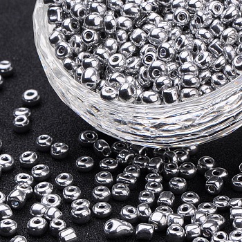 Electroplate Glass Seed Beads, Round Hole Rocailles, Silver, 3.5~5.5x2.5~6.8mm, Hole: 1mm