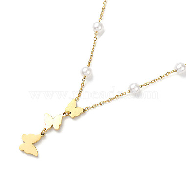Natural Shell Butterfly Pendant Lariat Necklace with Plastic Pearl Beaded(NJEW-M199-18G)-3
