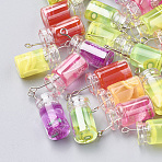 Glass Bottle Pendants, Polymer Clay and Resin Inside, Imitation Fruit Juice, Mixed Color, 25x11x10mm, Hole: 1.8mm(X-CRES-N017-02)