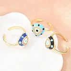 Brass Micro Pave Cubic Zirconia Cuff Open Rings for Women, Triangle with Evil Eye, with Enamel, Rack Plating, Long-Lasting Plated, Lead Free & Cadmium Free, Real 18K Gold Plated, Mixed Color, 12x12mm, Inner Diameter: 17mm(RJEW-K264-16G)