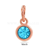 Rose Gold Plated Alloy Glass Rhinestone Charms, DIY Accessories for Pendants Jewelry Making, with Jump Rings, Birthstone Color Style Rhinestone, Flat Round, Aquamarine, 15x7mm(PALLOY-TAC0016-A03-RG)