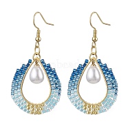 Teardrop ABS Plastic Imitation Pearl & Glass Seed Beads Dangle Earrings, 304 Stainless Steel Jewelry for Women, Golden, Dodger Blue, 54.5x27mm(EJEW-MZ00164)