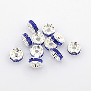 Brass Rhinestone Spacer Beads, Grade A, Silver Color Plated, Rondelle, Blue, Size: about 8mm in diameter, 3.5mm thick, hole: 2mm(RB-A004-13)