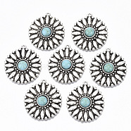 Tibetan Style Alloy Pendants, with Synthetic Turquoise, Cadmium Free & Lead Free, Flower, Antique Silver, 34x30x6mm, Hole: 1.8mm(PALLOY-R113-007-RS)