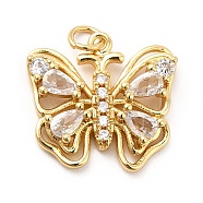 Rack Plating Brass Cubic Zirconia Pendants, Hollow Butterfly Charm, Long-Lasting Plated, with Jump Rings, Cadmium Free & Lead Free, Real 18K Gold Plated, 18.5x19x4.5mm, Hole: 3mm(KK-K270-15G)
