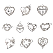 10Pcs 10 Style Alloy Pendants, with Crystal Rhinestone and ABS Plastic Imitation Pearl, Heart & Crown & Rabbit & Arrow Charms, Platinum, 14~23.5x13~23x2.8~8.5mm, Hole: 1.8~2.2mm, 1Pc/style(ALRI-YW0001-18P)