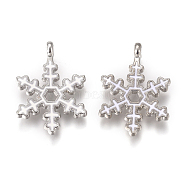 Platinum Plated Alloy Pendants, with Enamel & Crystal Rhinestone, Snowflake, for Christmas, White, 21x15x1.8mm, Hole: 1.8mm(PALLOY-L228-010P)