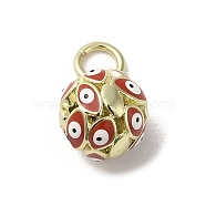 Brass Enamel Charms, with Jump Ring, Real 18K Gold Plated, Round with Evil Eye Charm, FireBrick, 12.5x10mm, Hole: 3.6mm(KK-E092-12G-03)