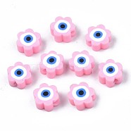 Handmade Polymer Clay Beads, Flower with Evil Eye, Pearl Pink, 9x9x4.5mm, Hole: 1.8mm(CLAY-N007-003-09)
