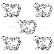 Alloy Rhinestone Pendants, Platinum Tone Hollow Out Heart with Butterfly Charms, Crystal, 17.5x16.5x3.3mm, Hole: 2.7mm(ALRI-YW0001-02)