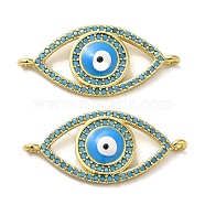 Rack Plating Brass Micro Pave Cubic Zirconia Connector Charms, Eye Links with Evil Eye Enamel, Long-Lasting Plated, Lead Free & Cadmium Free, Real 18K Gold Plated, Sky Blue, 13x28x3mm, Hole: 1.4mm(KK-O017-08A-G)