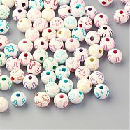 Craft Style Acrylic Beads, Round with Cross, Mixed Color, 8mm, Hole: 2mm, about 1800pcs/500g(SACR-Q187-11)