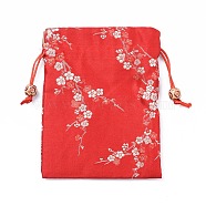 Silk Packing Pouches, Drawstring Bags, with Wood Beads, Red, 14.7~15x10.9~11.9cm(ABAG-L005-C04)