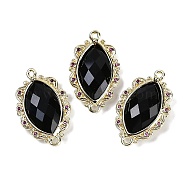 Natural Obsidian Faceted Horse Eye Links, Rack Plating Brass Micro Pave Orchid Cubic Zirconia Connector Charms, Golden, 24.5x14.5x4.5mm, Hole: 1.2mm(G-B126-02G-07)