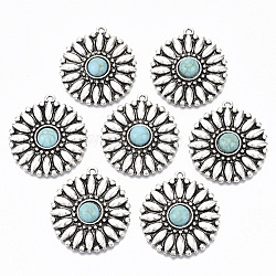 Tibetan Style Alloy Pendants, with Synthetic Turquoise, Cadmium Free & Lead Free, Flower, Antique Silver, 34x30x6mm, Hole: 1.8mm(PALLOY-R113-007-RS)