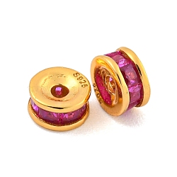 925 Sterling Silver Micro Pave Cubic Zirconia Beads, Flat Round, Real 18K Gold Plated, Purple, 4.5x2.5mm, Hole: 0.9mm(STER-U002-17A-G)