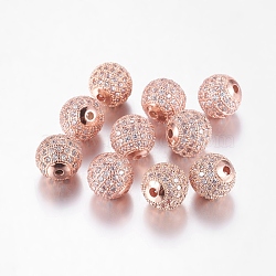 Brass Micro Pave Cubic Zirconia Beads, Round, Rose Gold, 10mm, Hole: 2mm(ZIRC-D011-53RG)