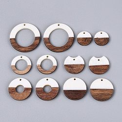 12Pcs 6 Styles Opaque Resin & Walnut Wood Pendants, Round Charms, Floral White, 18~38x18~38x2.5~4mm, Hole: 2mm, about 6 Styles(RESI-N053-21)