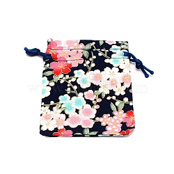 Cotton and Linen Cloth Packing Pouches, Drawstring Bag, Rectangle with Sakura Pattern, Midnight Blue, 10x8x0.25cm(ABAG-WH0028-05A-04)