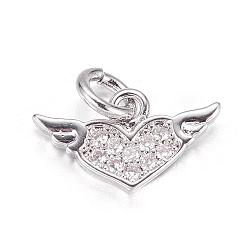 Brass Micro Pave Cubic Zirconia Charms, Heart with Wing, Platinum, 8x14x1.5mm, Hole: 3mm(ZIRC-P060-46P)