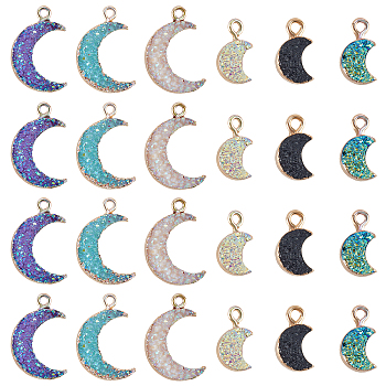 Druzy Resin Charms, with Edge Light Gold Plated Iron Loops, Moon, Mixed Color, 14~15x8x4mm, Hole: 1.8mm, 24pcs/box